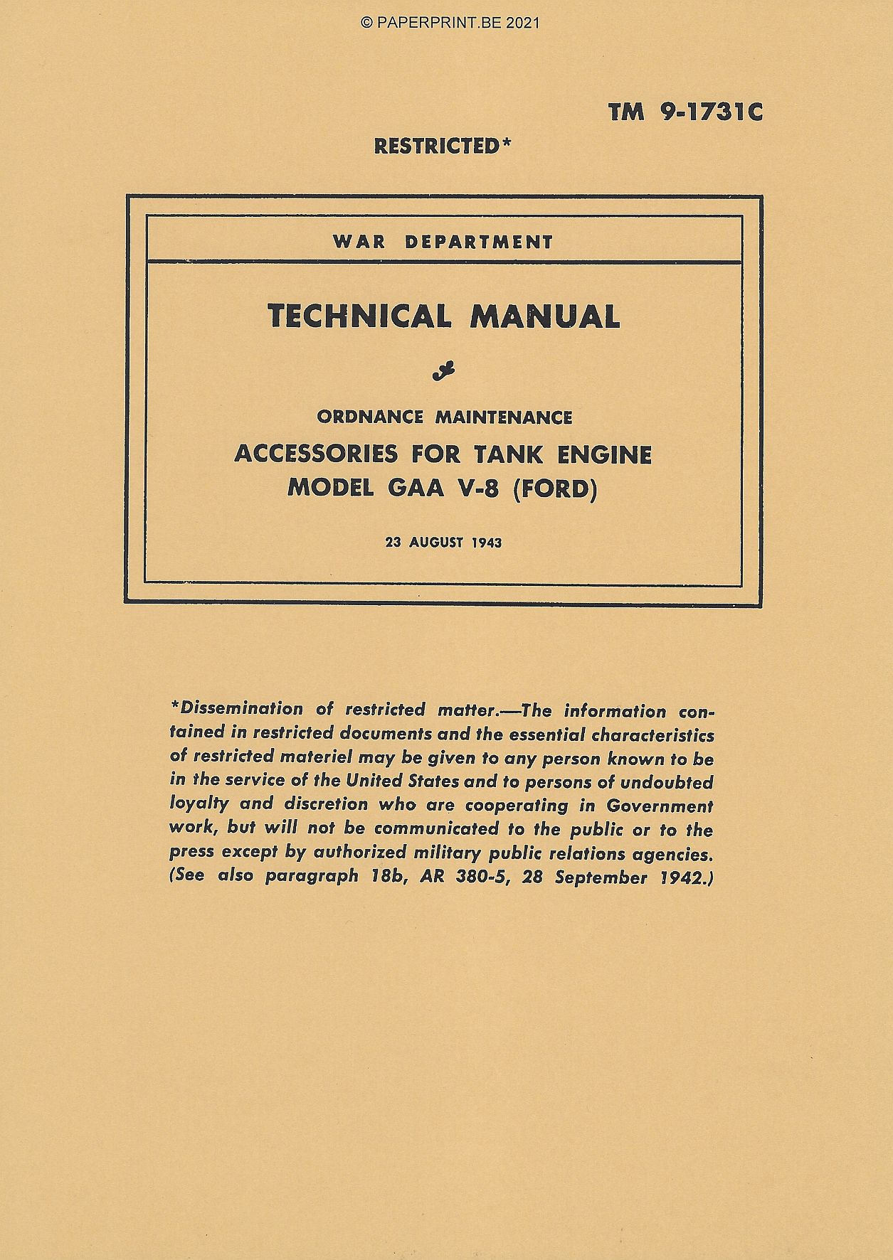 TM 9-1731C US ACCESSOIRIES FOR TANK ENGINE MODEL GAA V-8 (FORD)
